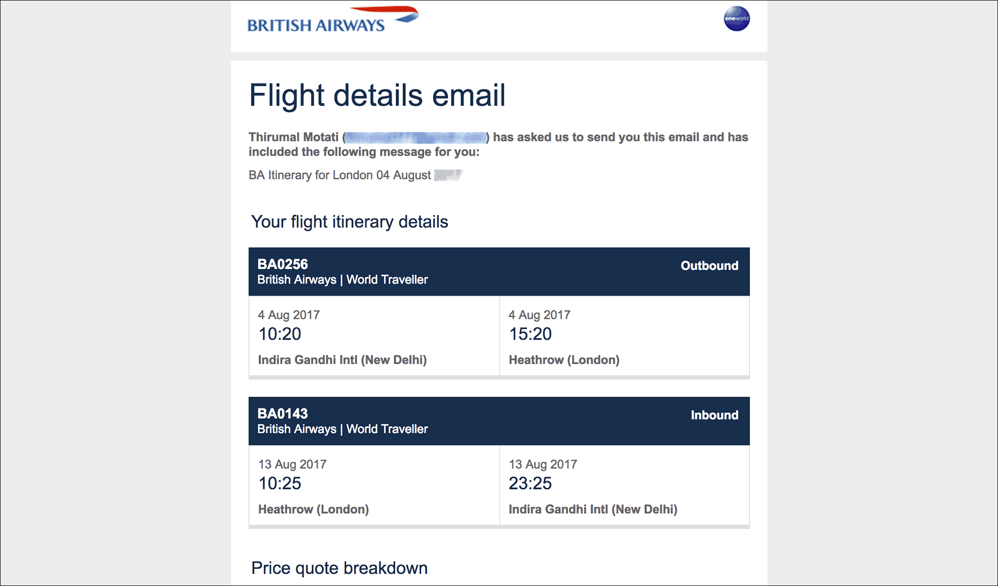 Travel itinerary for visa application - British Airways price quote email