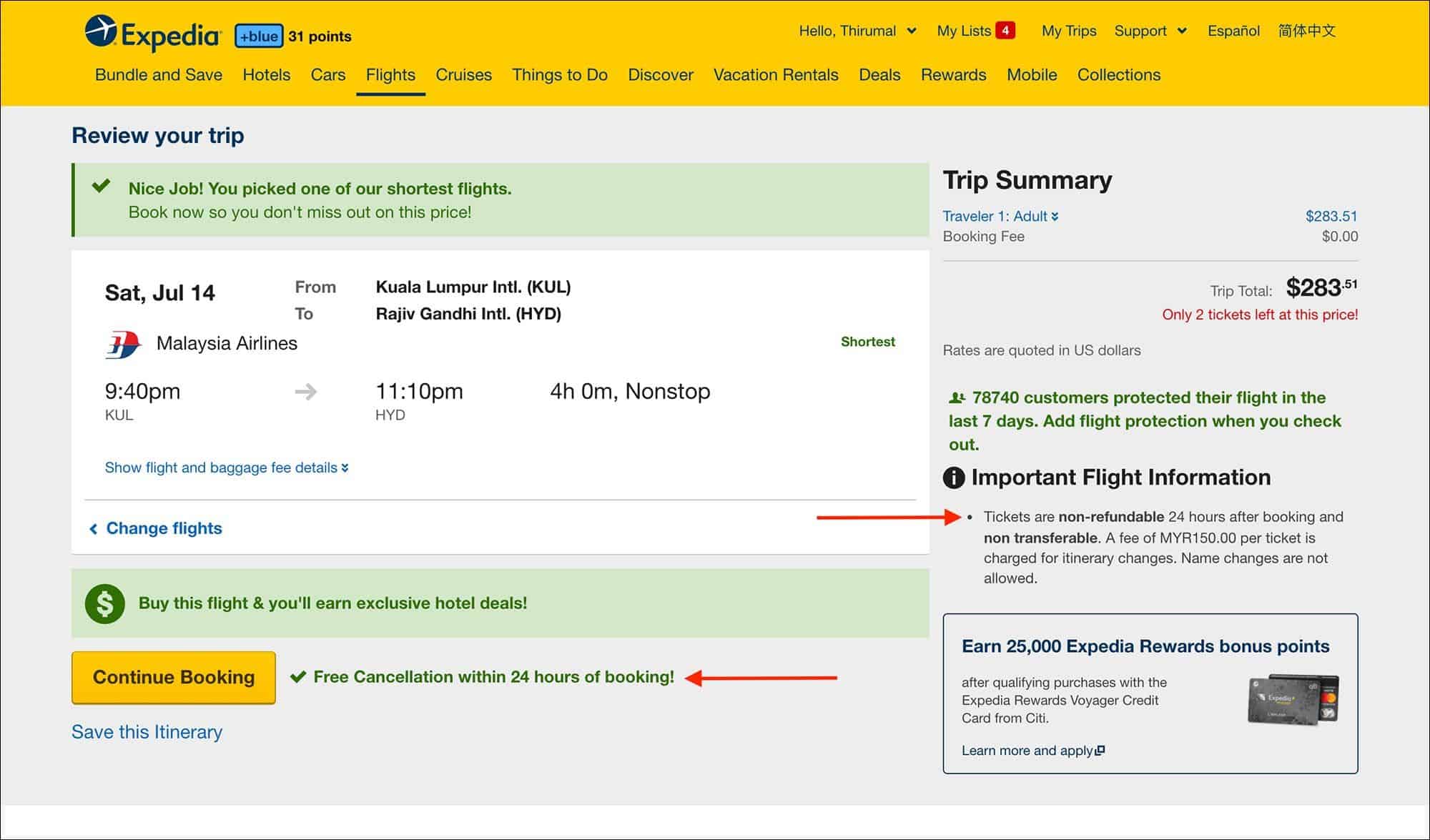 Book Flight Tickets with 24 hour FREE cancellation on Expedia - Review your Flight