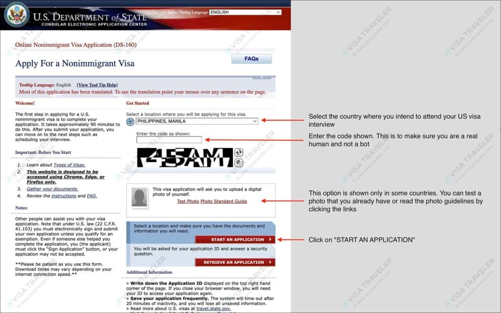 Fill DS-160 Form Online for US Visa - Getting Started Apply for a Nonimmigrant Visa