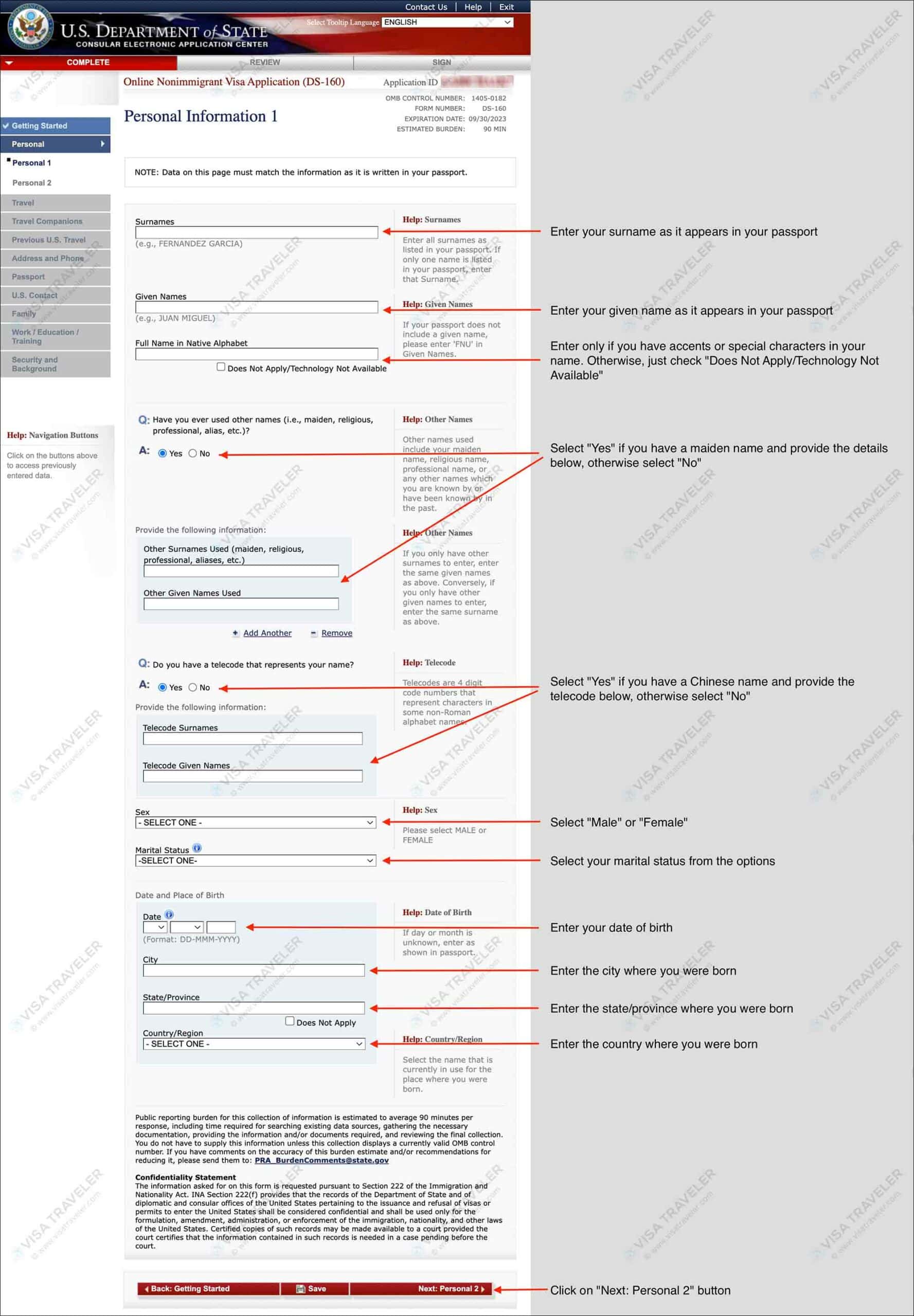 Fill DS-160 Form Online for US Visa - Personal Information 1