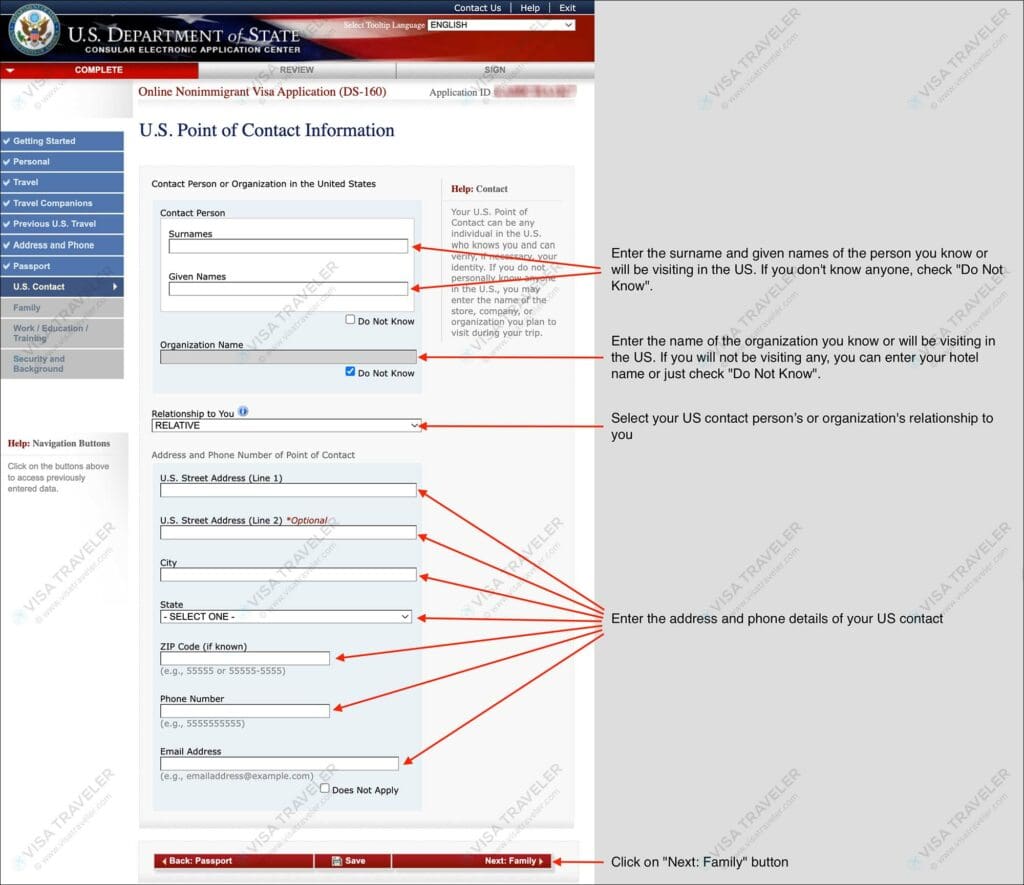 Fill DS-160 Form Online for US Visa - US Point of Contact Information