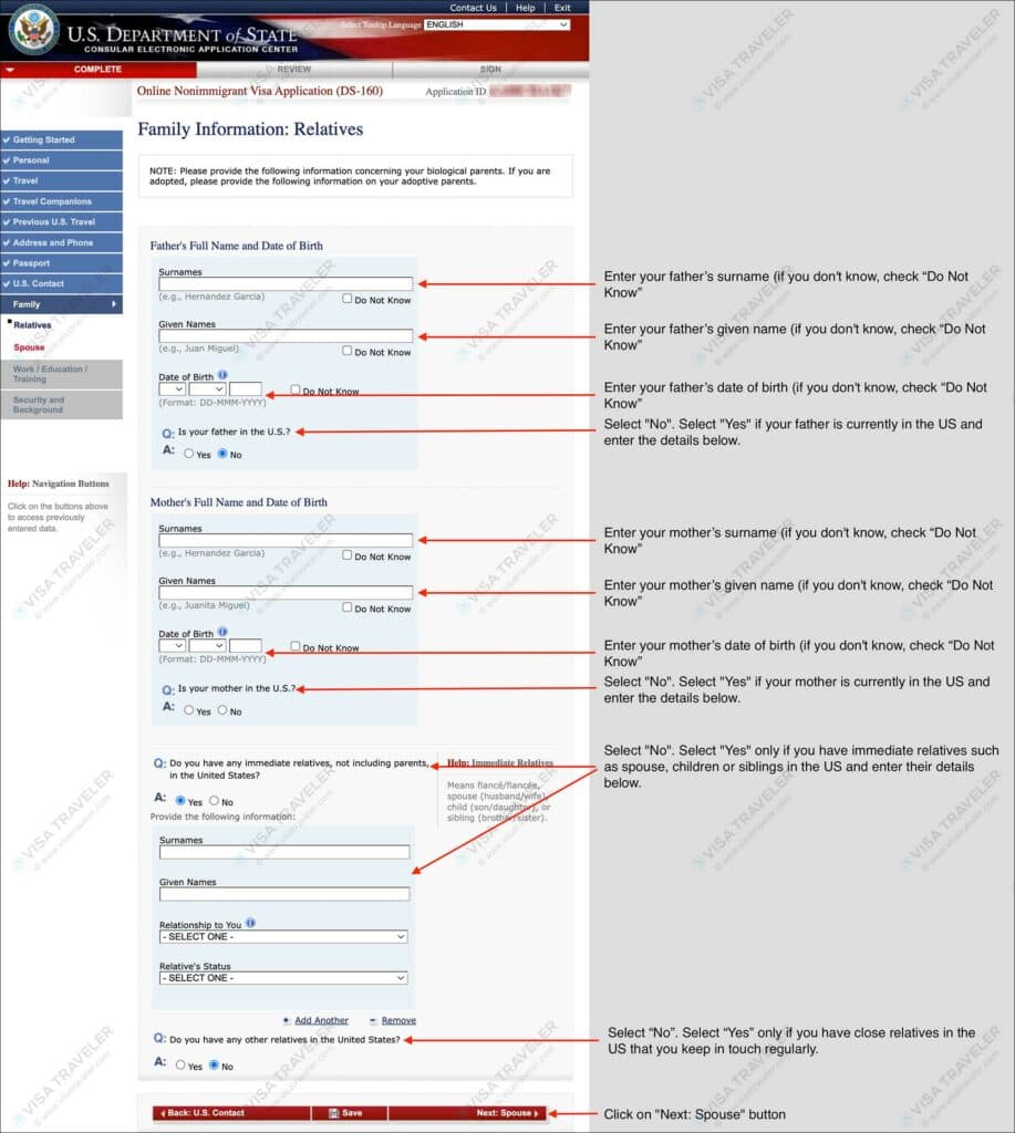 Fill DS-160 Form Online for US Visa - Family Information Relatives