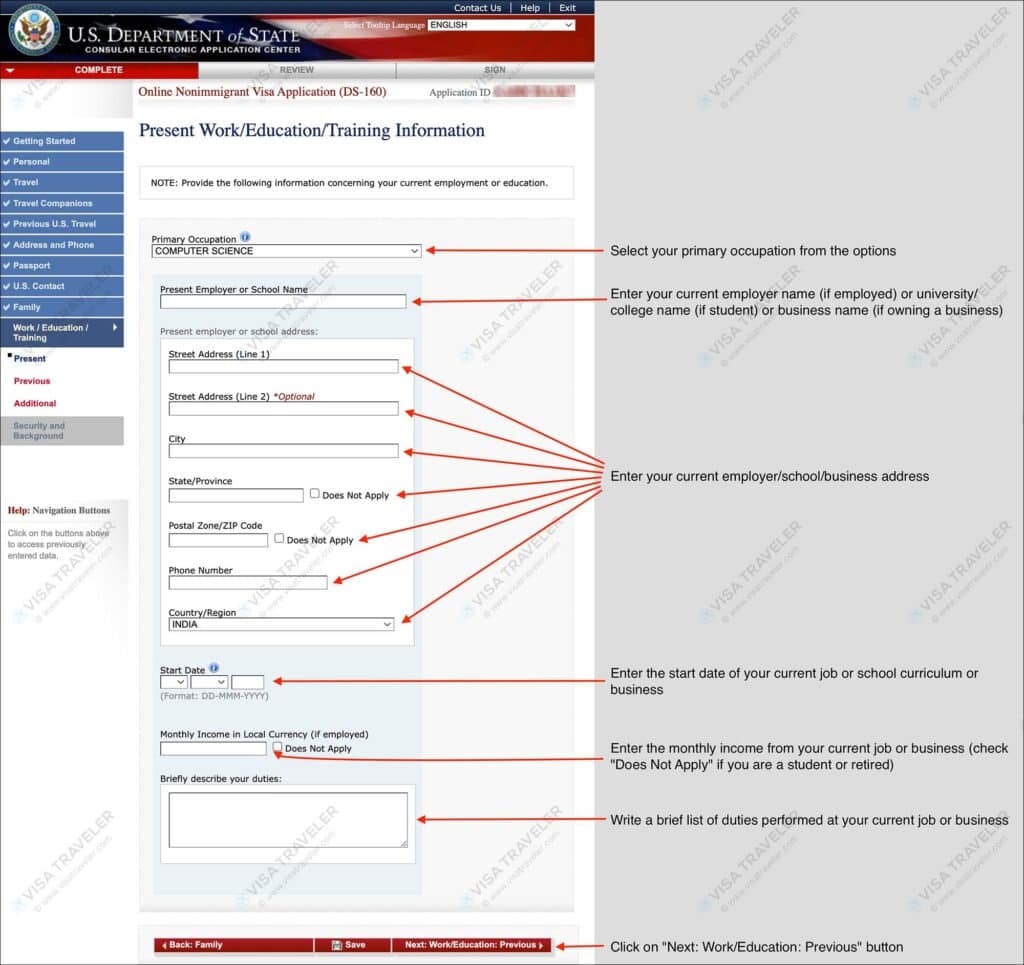 Fill DS-160 Form Online for US Visa - Present Work Education Training Information