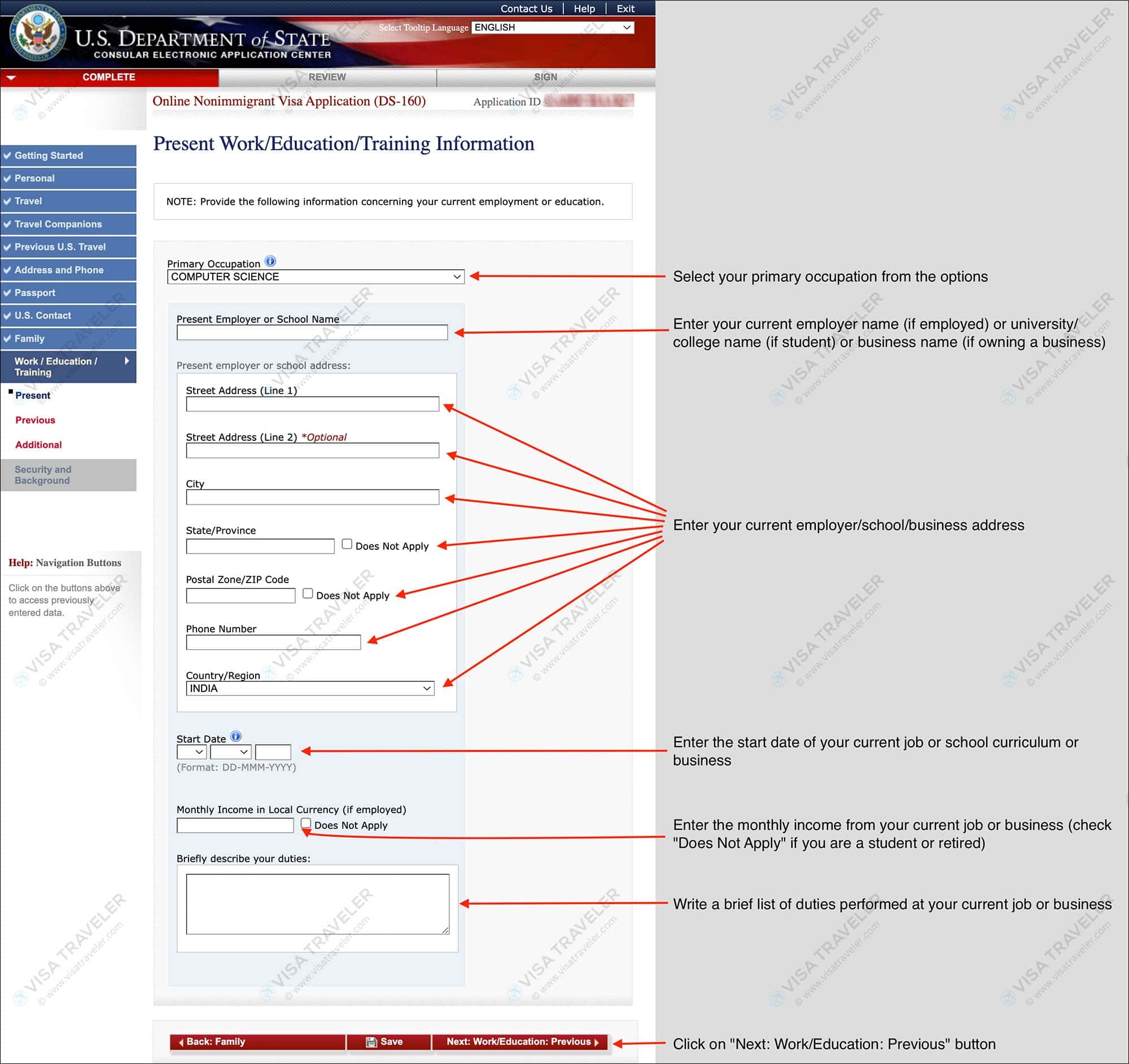 Fill DS-160 Form Online for US Visa - Present Work Education Training Information