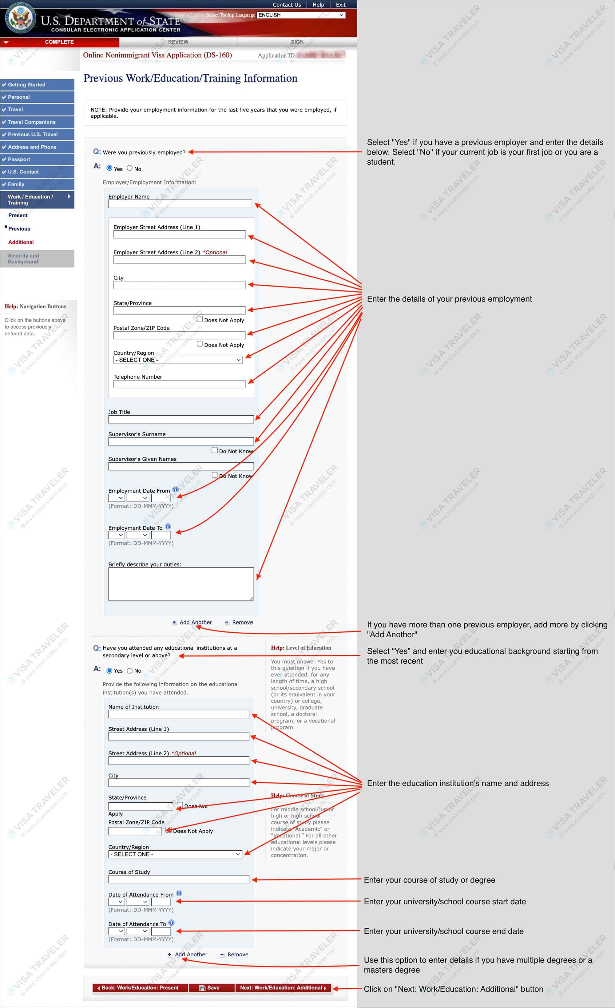 Fill DS-160 Form Online for US Visa - Previous Work Education Training Information