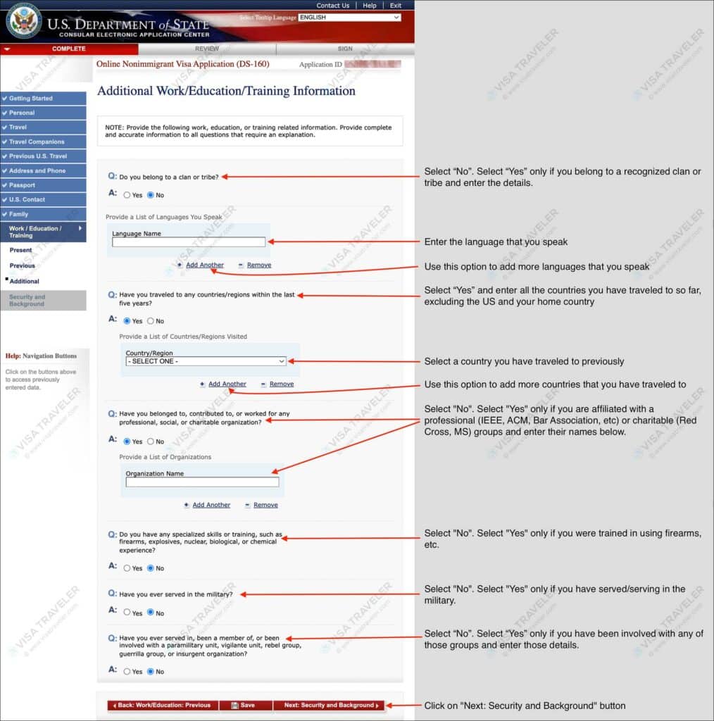 Fill DS-160 Form Online for US Visa - Additional Work Education Training Information