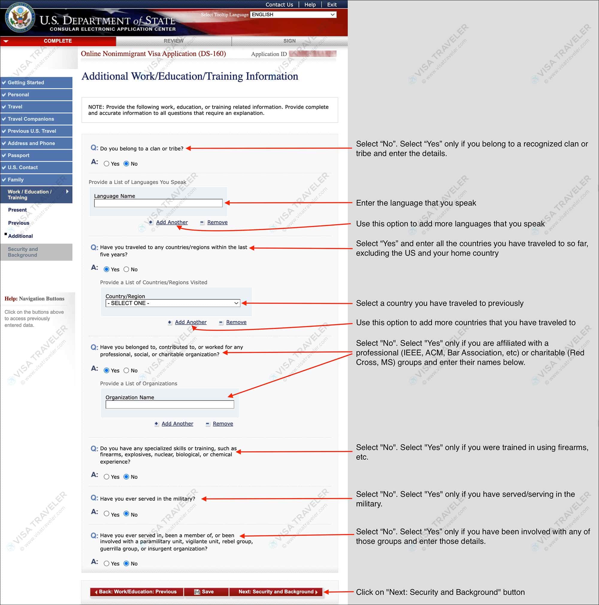 Fill DS-160 Form Online for US Visa - Additional Work Education Training Information