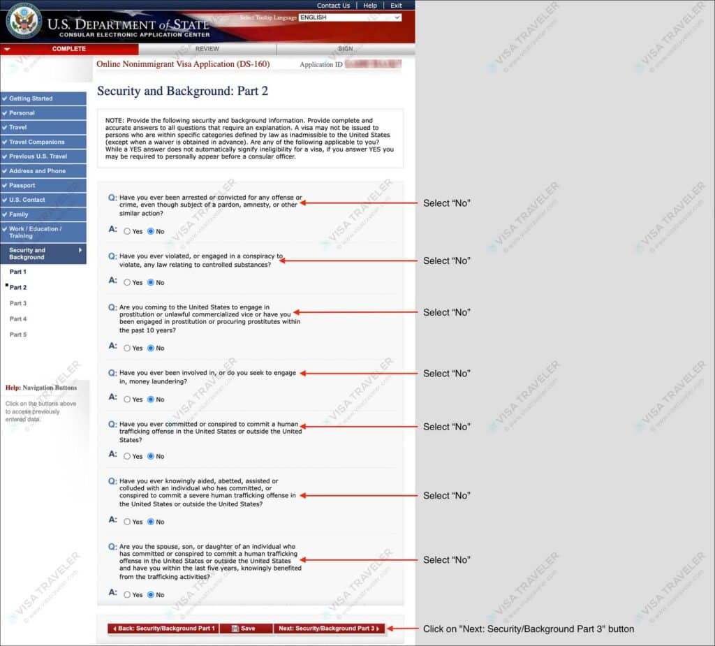 Fill DS-160 Form Online for US Visa - Security and Background Part 2