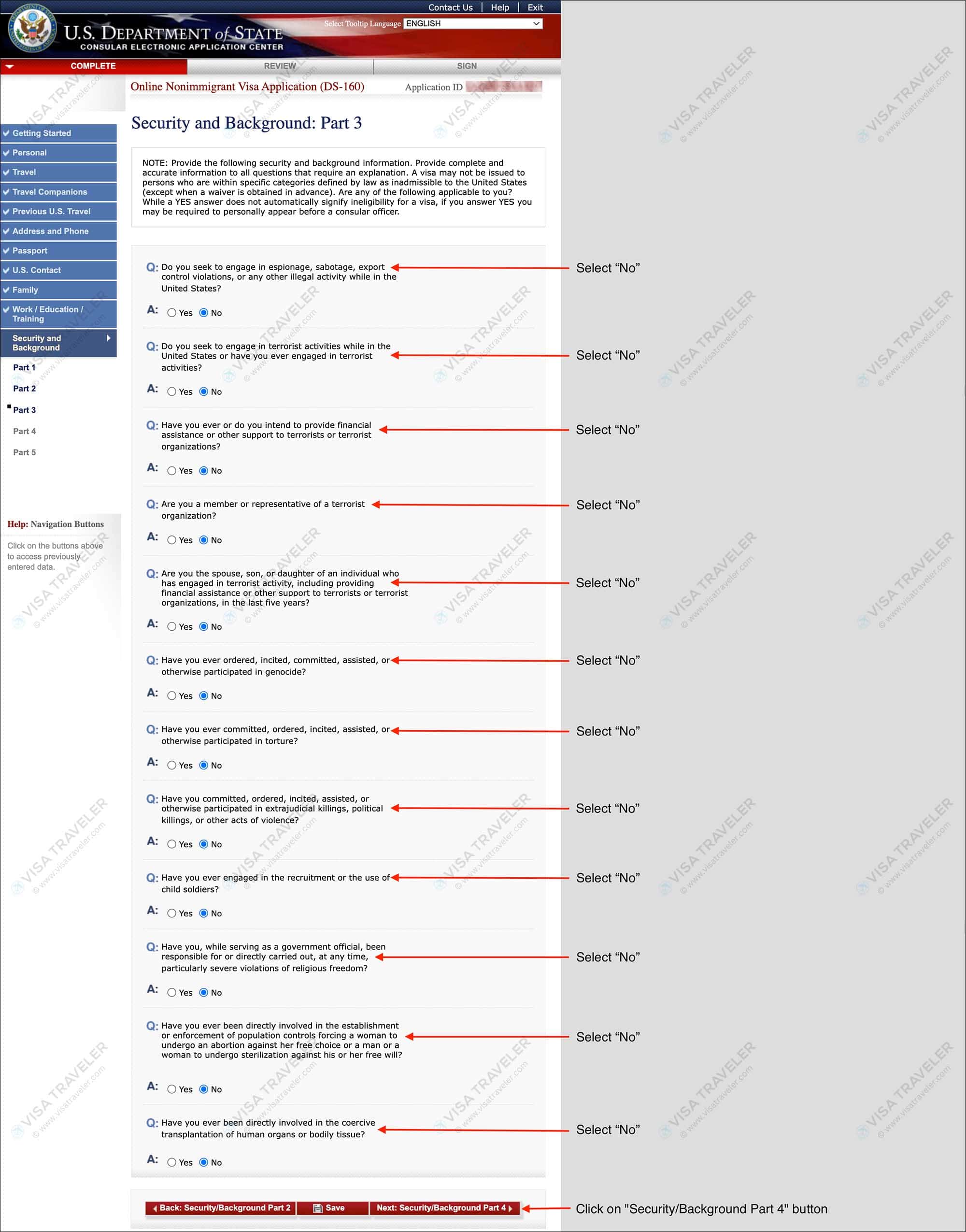 Fill DS-160 Form Online for US Visa - Security and Background Part 3