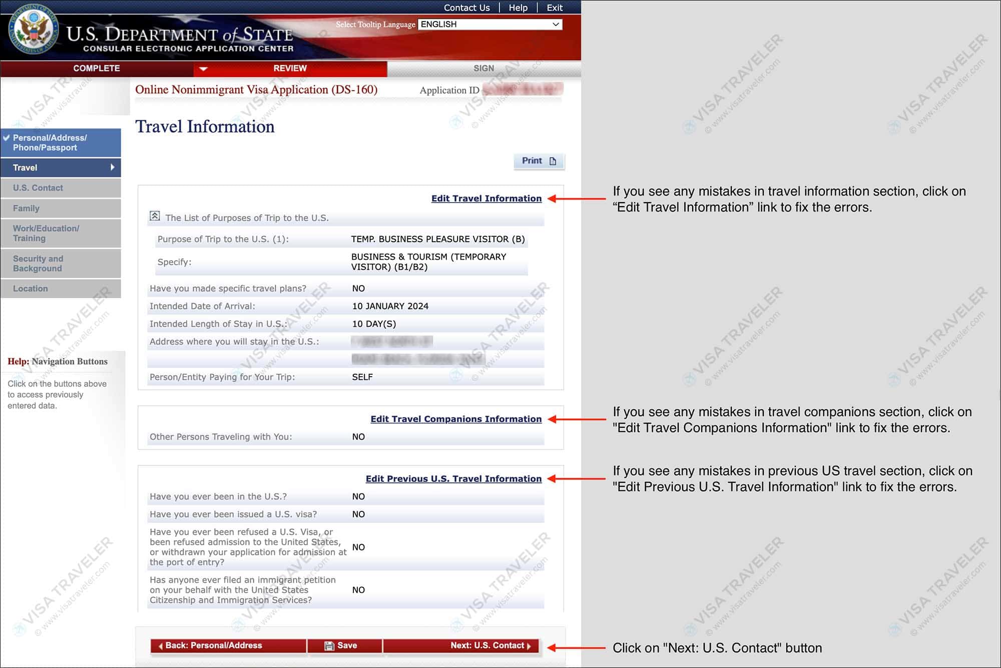 Fill DS-160 Form Online for US Visa - Review Travel Information