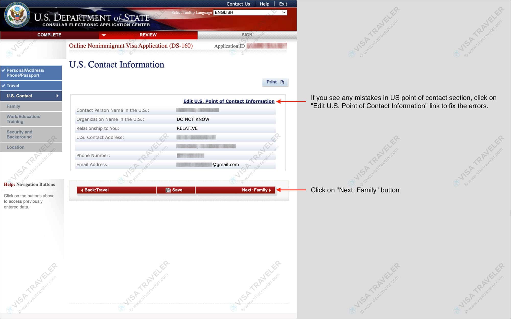 Fill DS-160 Form Online for US Visa - Review US Contact Information
