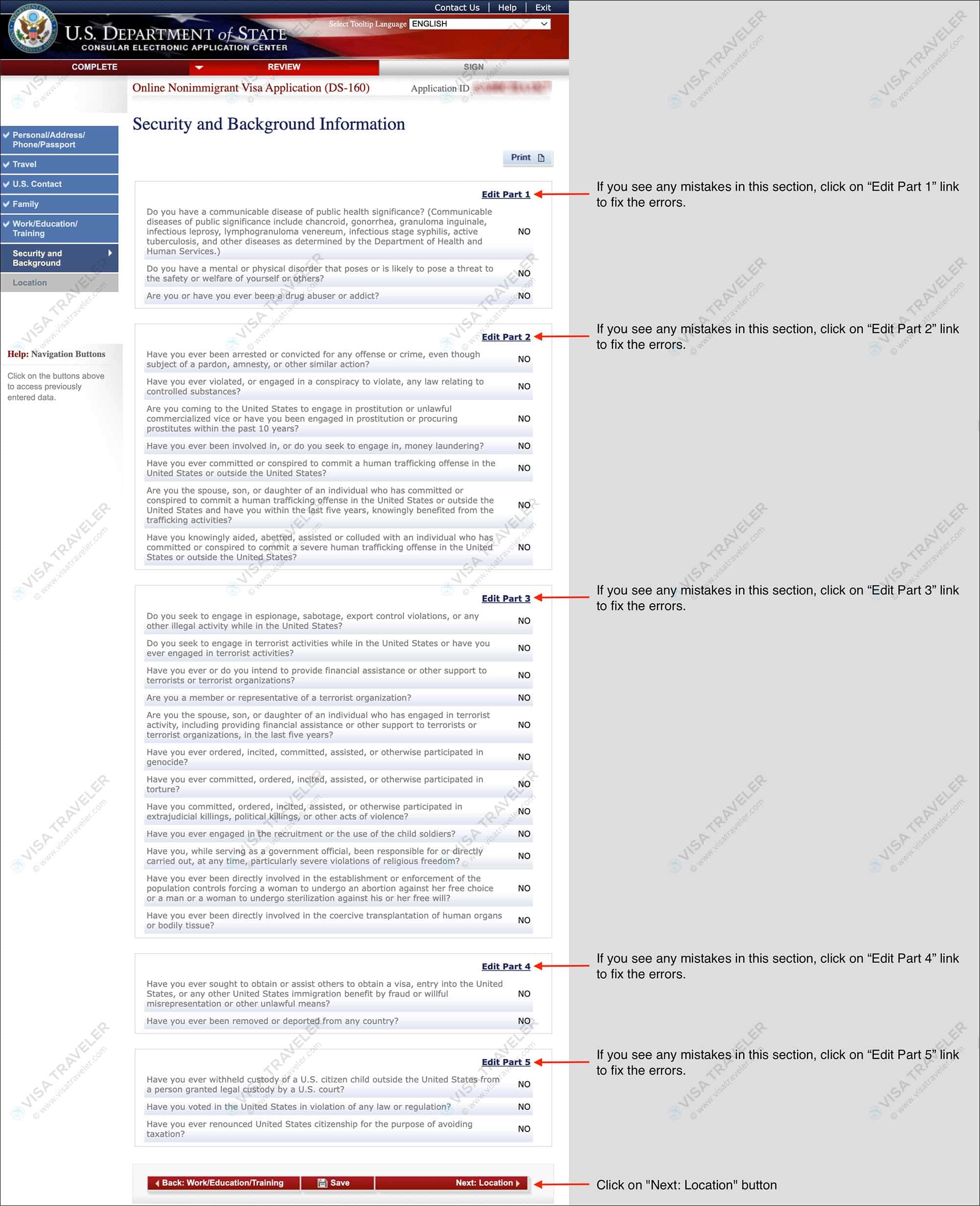 Fill DS-160 Form Online for US Visa - Review Security and Background Information