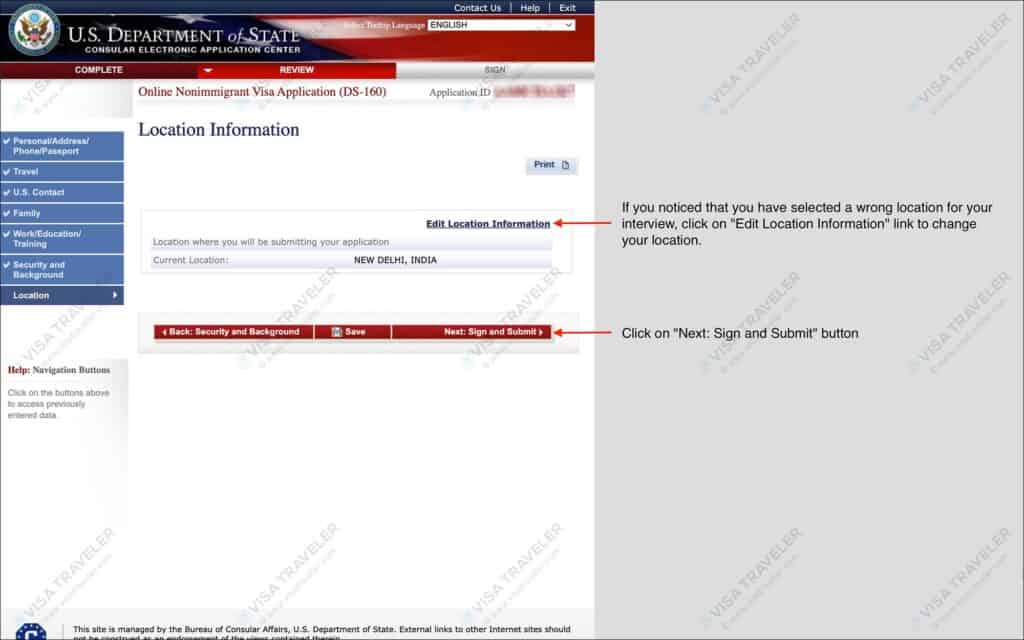 Fill DS-160 Form Online for US Visa - Location Information