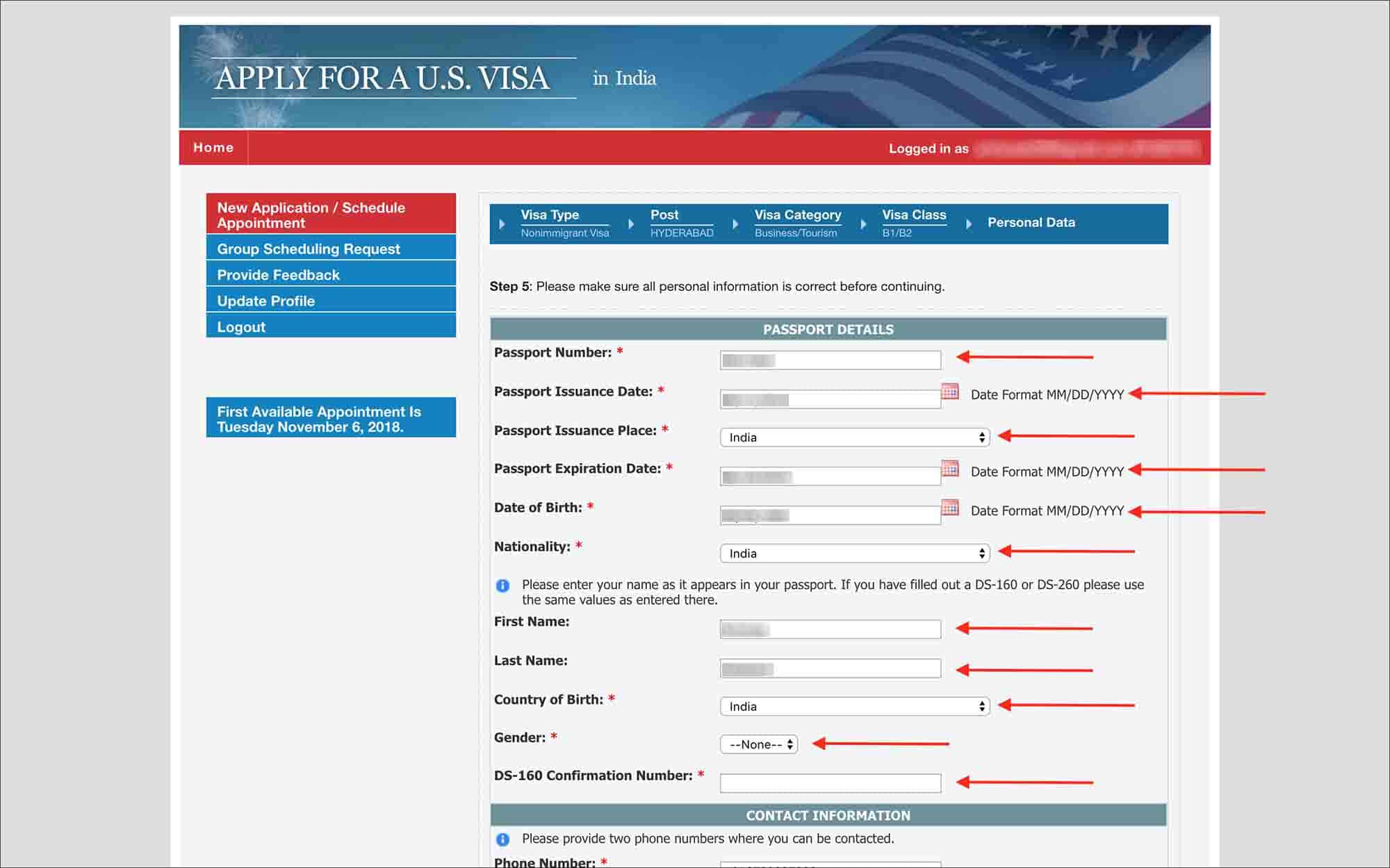 Schedule US Visa Appointment in Asia - Personal Data