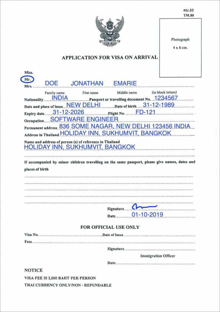 Thailand Visa on Arrival Application Form Sample