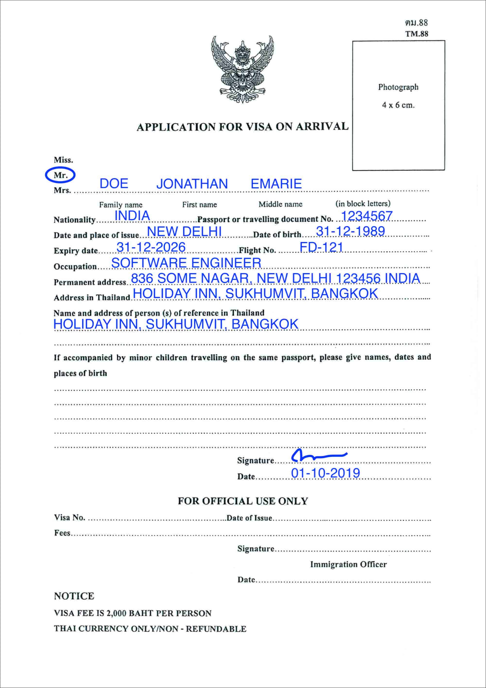 Thailand Visa on Arrival Application Form Sample