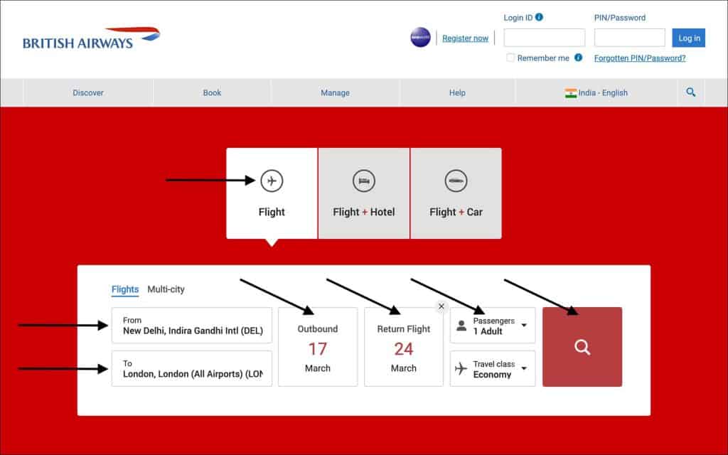 British Airways Search Flights Screen