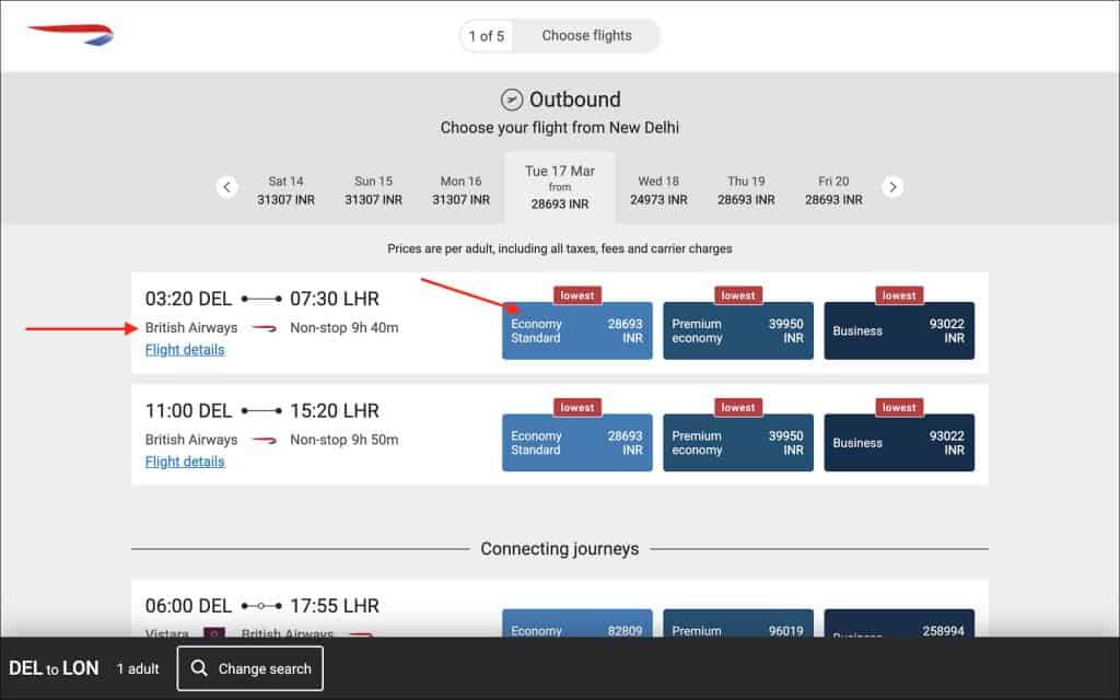 British Airways Select Outbound Flight Screen