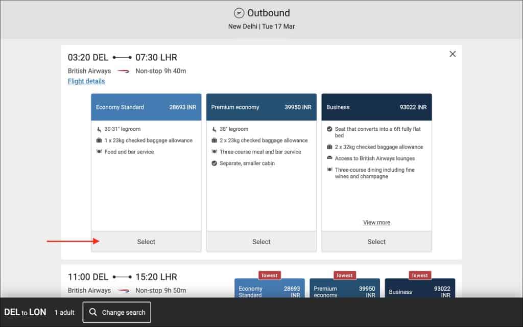 British Airways Select Outbound Flight Screen