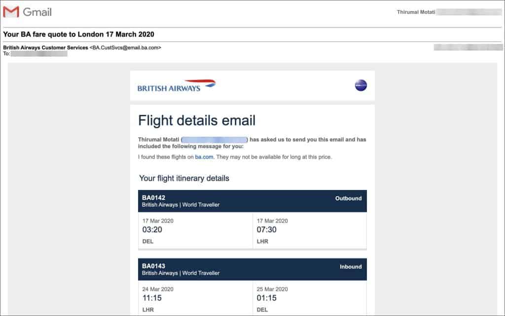 British Airways Price Quote - Email