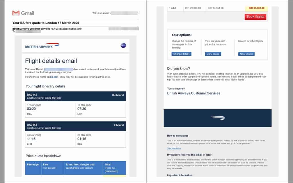 A sample British Airways fare quote email