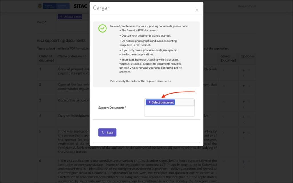 Supporting Documents Page - Select Document