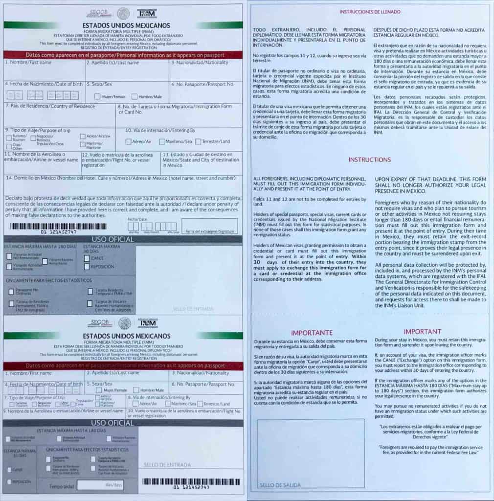 Mexico Tourist Card (FMM card)