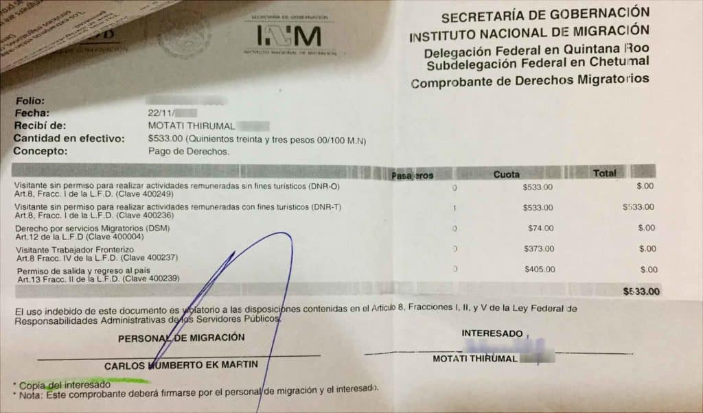 Mexico Tourism Tax Receipt