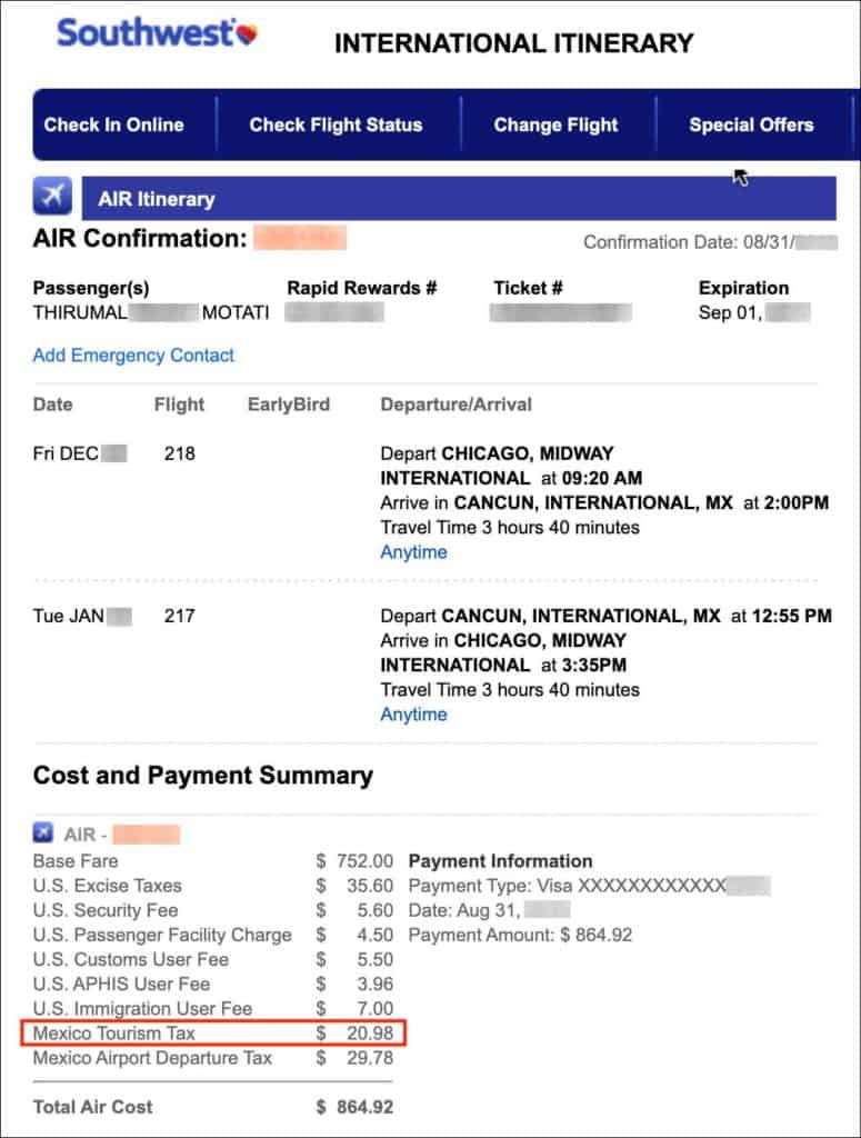 mexico tourist tax airport