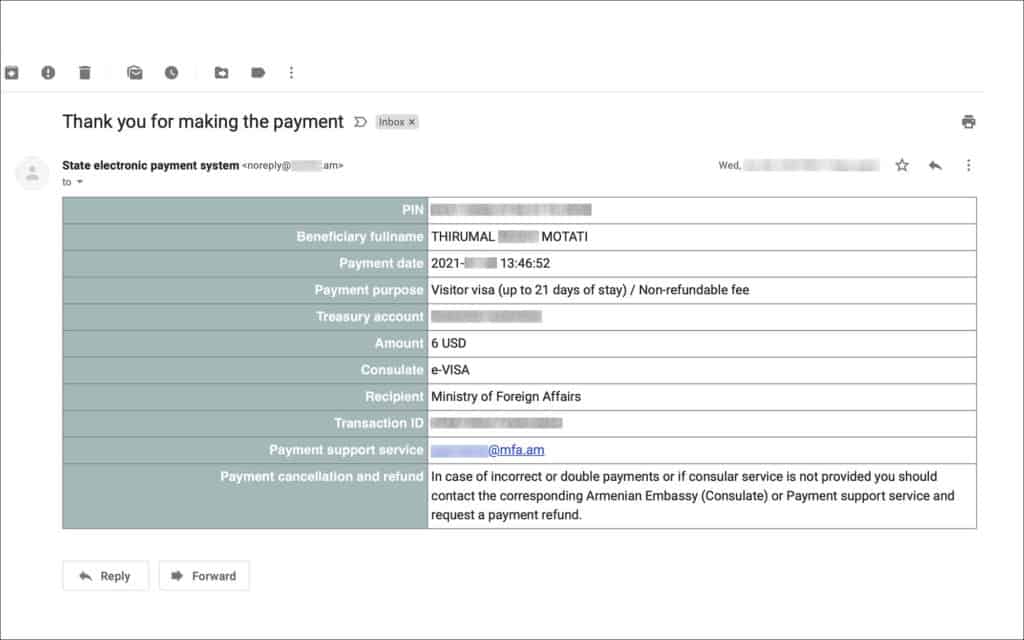 e-Visa Fee Payment Email