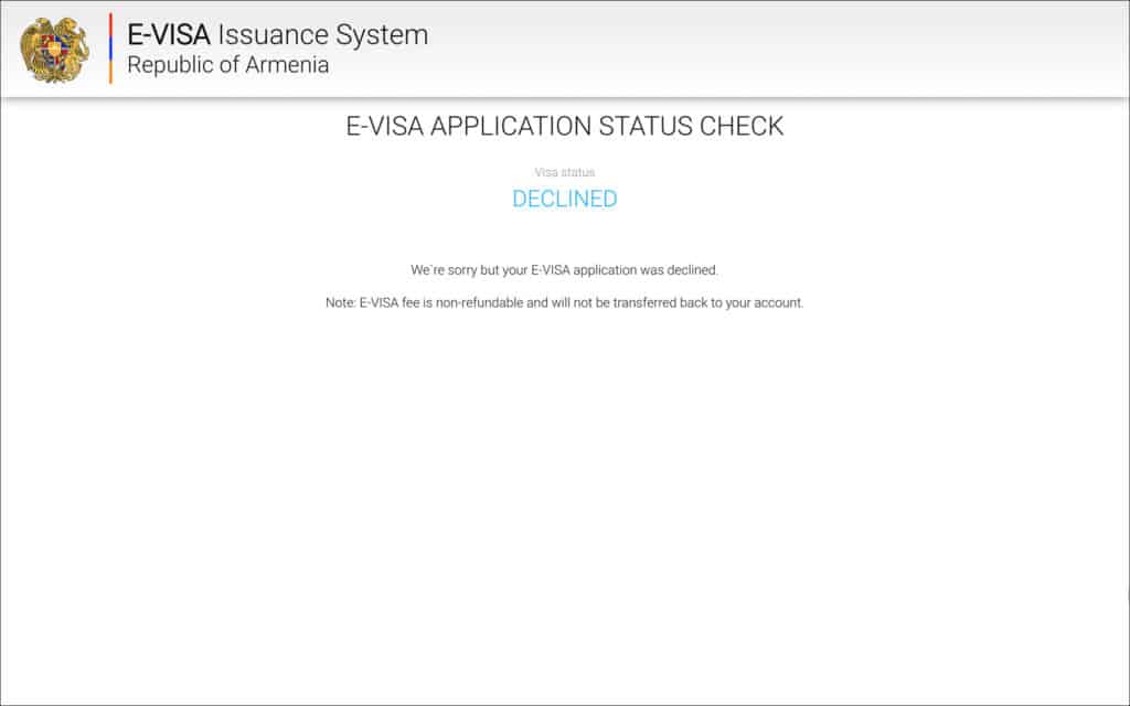 Armenia e-Visa Status Declined
