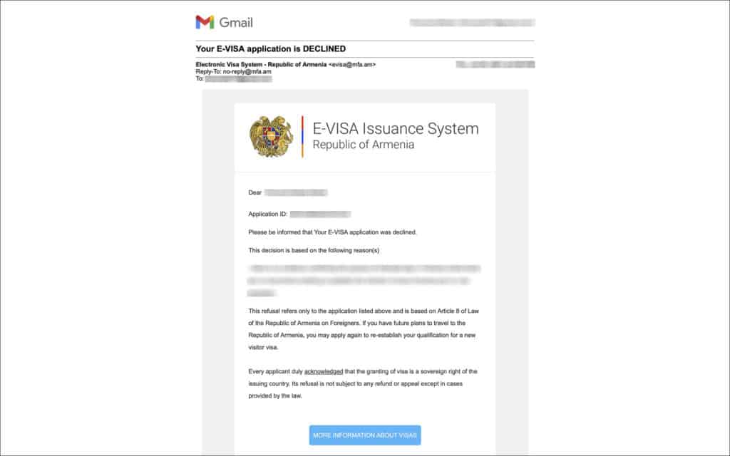 e-Visa Status Declined Email