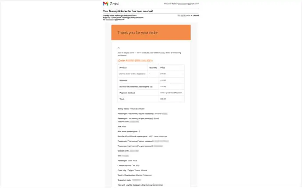 Order confirmation email from dummyticket.com