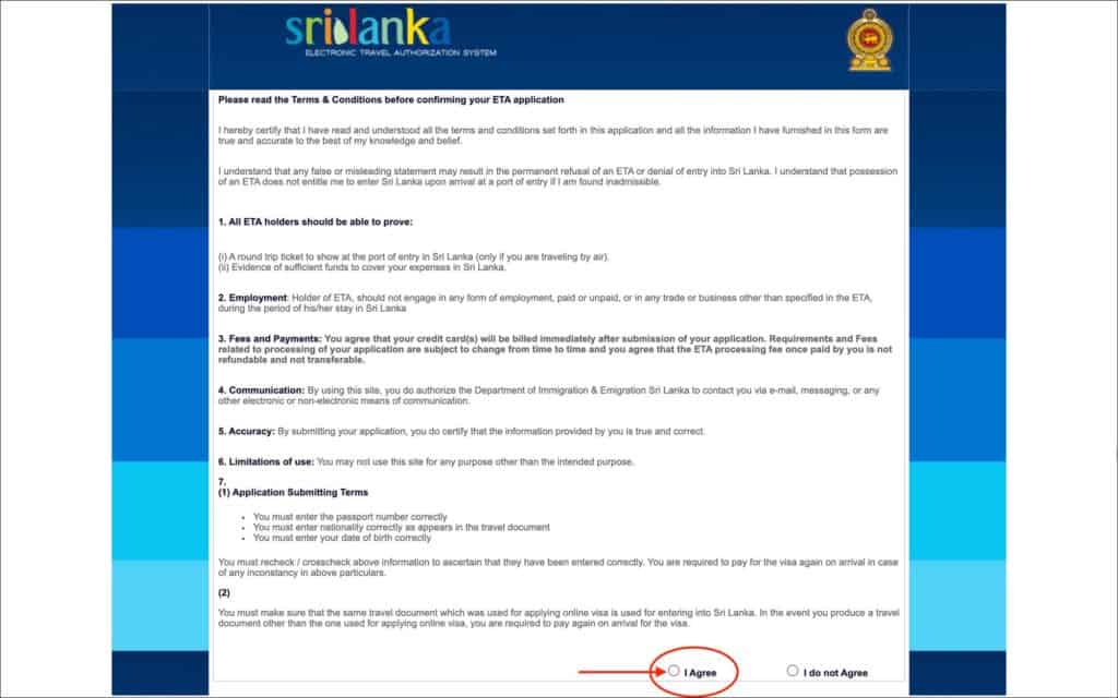 Sri Lanka ETA - Terms and Conditions