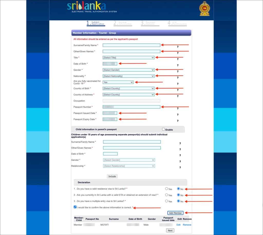 Sri Lanka ETA - Group - Additional Member Information