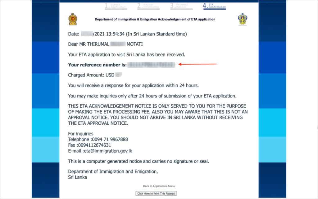 Sri Lanka ETA - Application Submission Acknowledgment