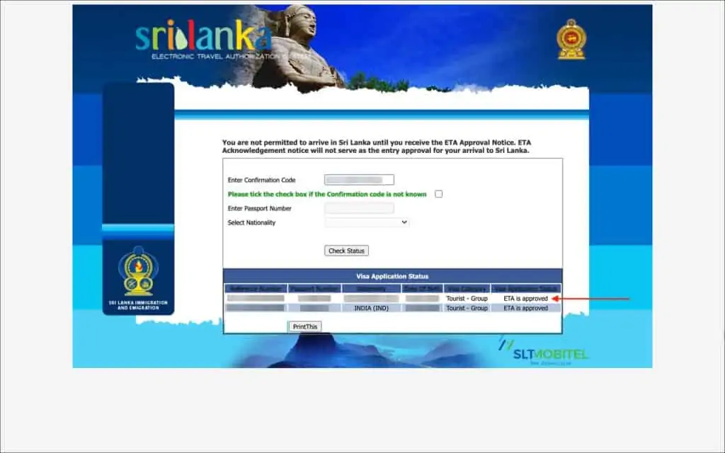 Sri Lanka ETA - Application Status Tracking Result