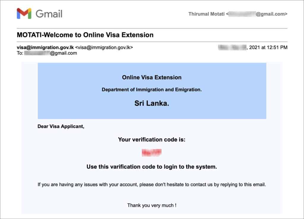 Sri Lanka Visa Extension Online - Registration Email