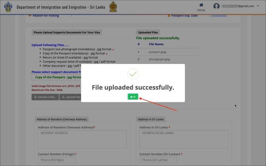 Sri Lanka Visa Extension Online - Document Upload Success
