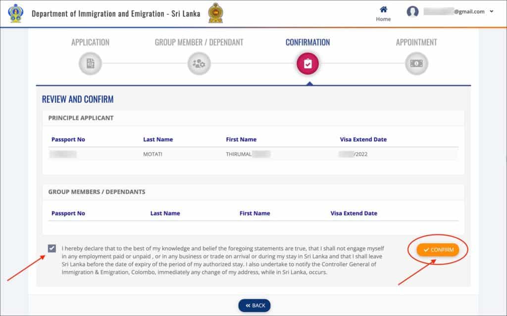 Sri Lanka Visa Extension Online - Confirmation