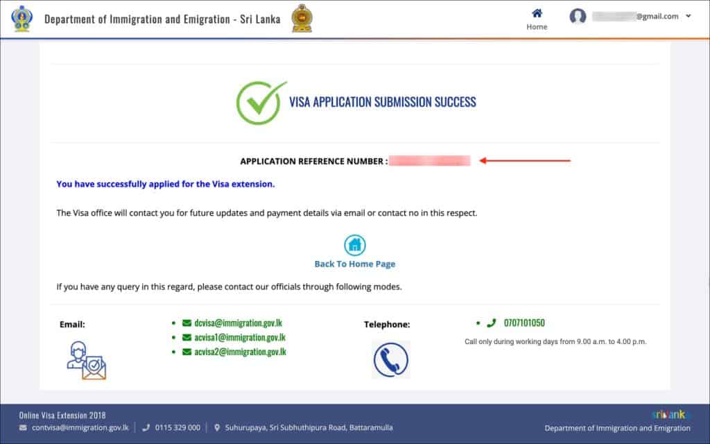 Sri Lanka Visa Extension Online - Submission Success
