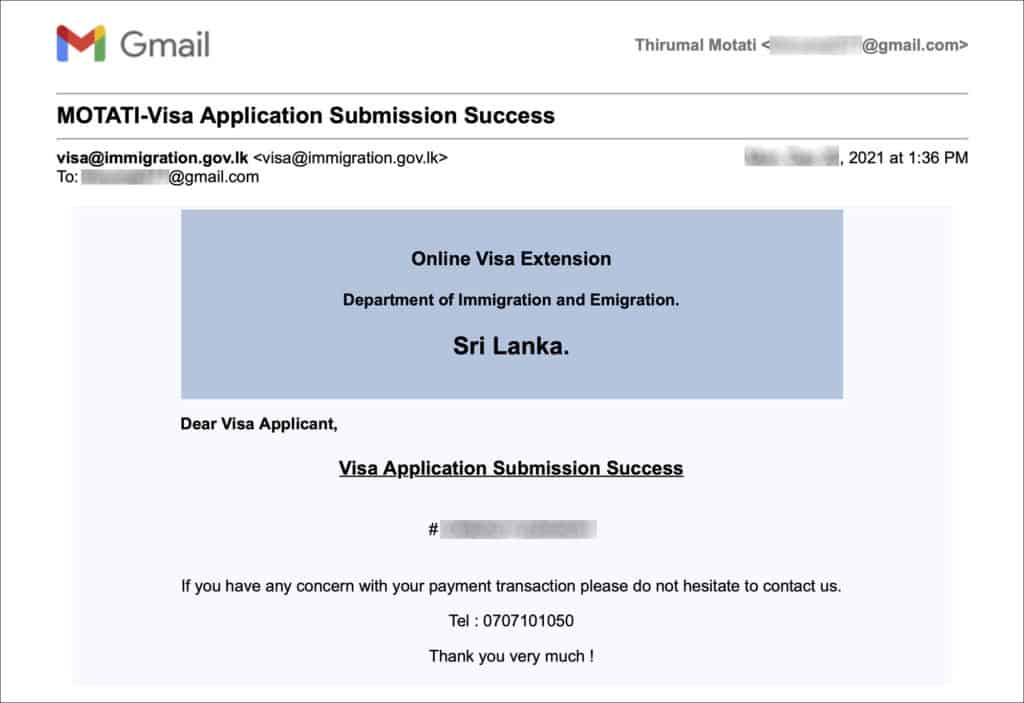 Sri Lanka Visa Extension Online - Submission Email