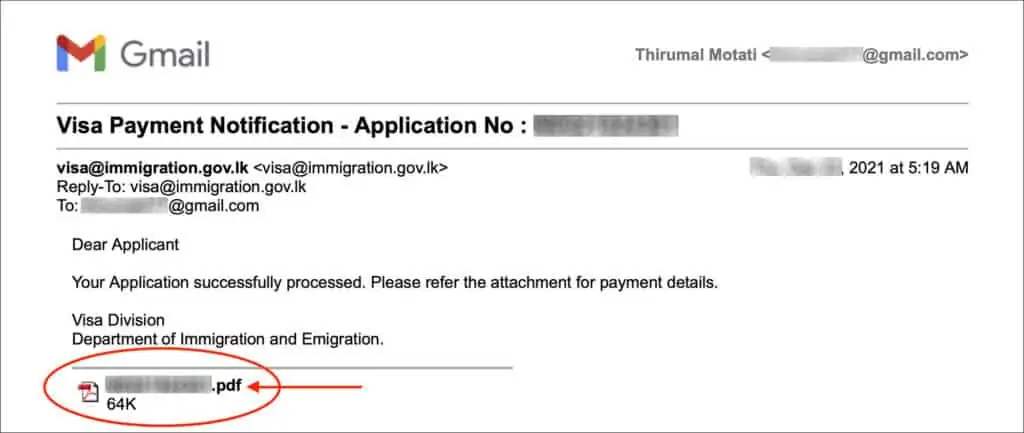Sri Lanka Visa Extension Online - Payment Email