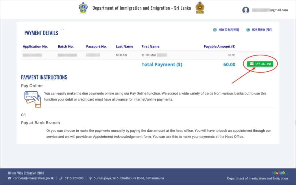 Sri Lanka Visa Extension Online - Payment Details