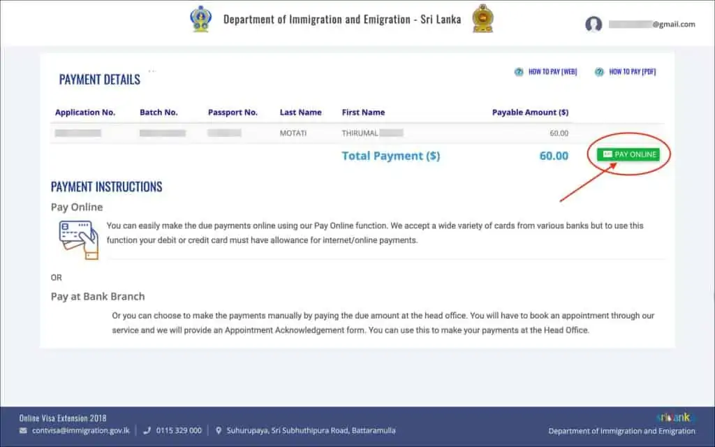 Sri Lanka Visa Extension Online - Payment Details