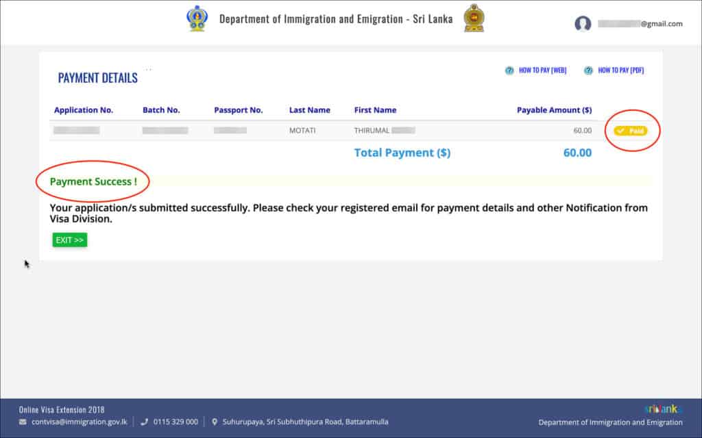 Sri Lanka Visa Extension Online - Payment Details Success