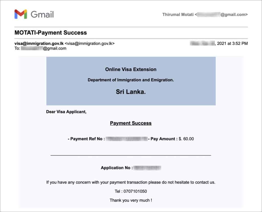 Sri Lanka Visa Extension Online - Payment Success Email