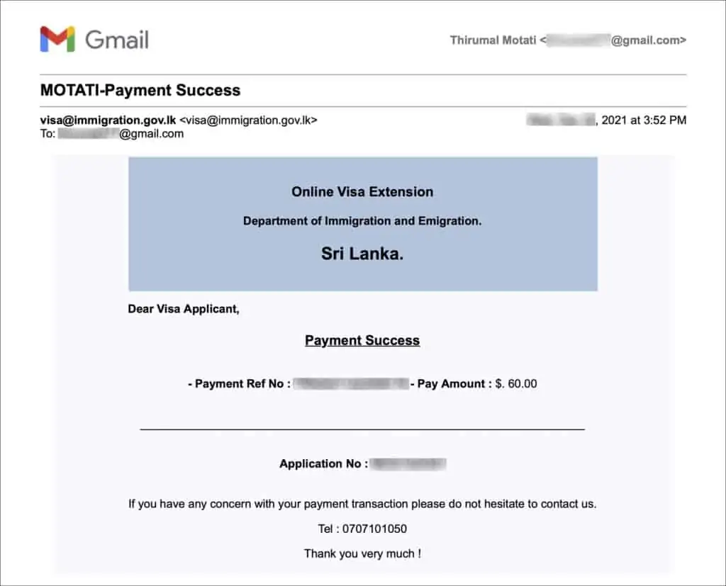 Sri Lanka Visa Extension Online - Payment Success Email