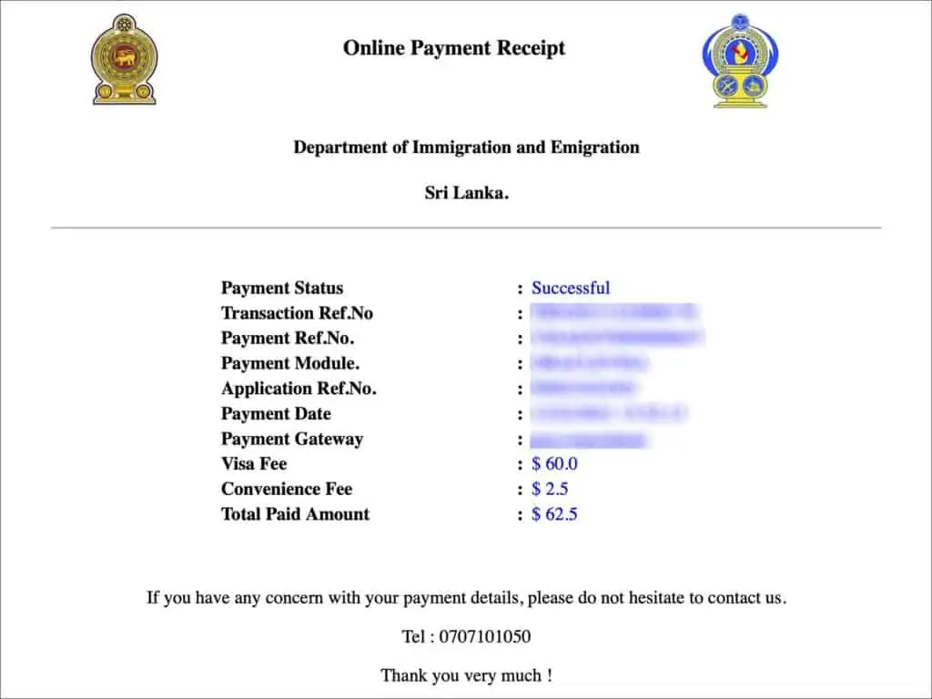 Sri Lanka Visa Extension Online - Payment Success Print