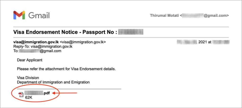 Sri Lanka Visa Extension Online - Visa Endorsement Email